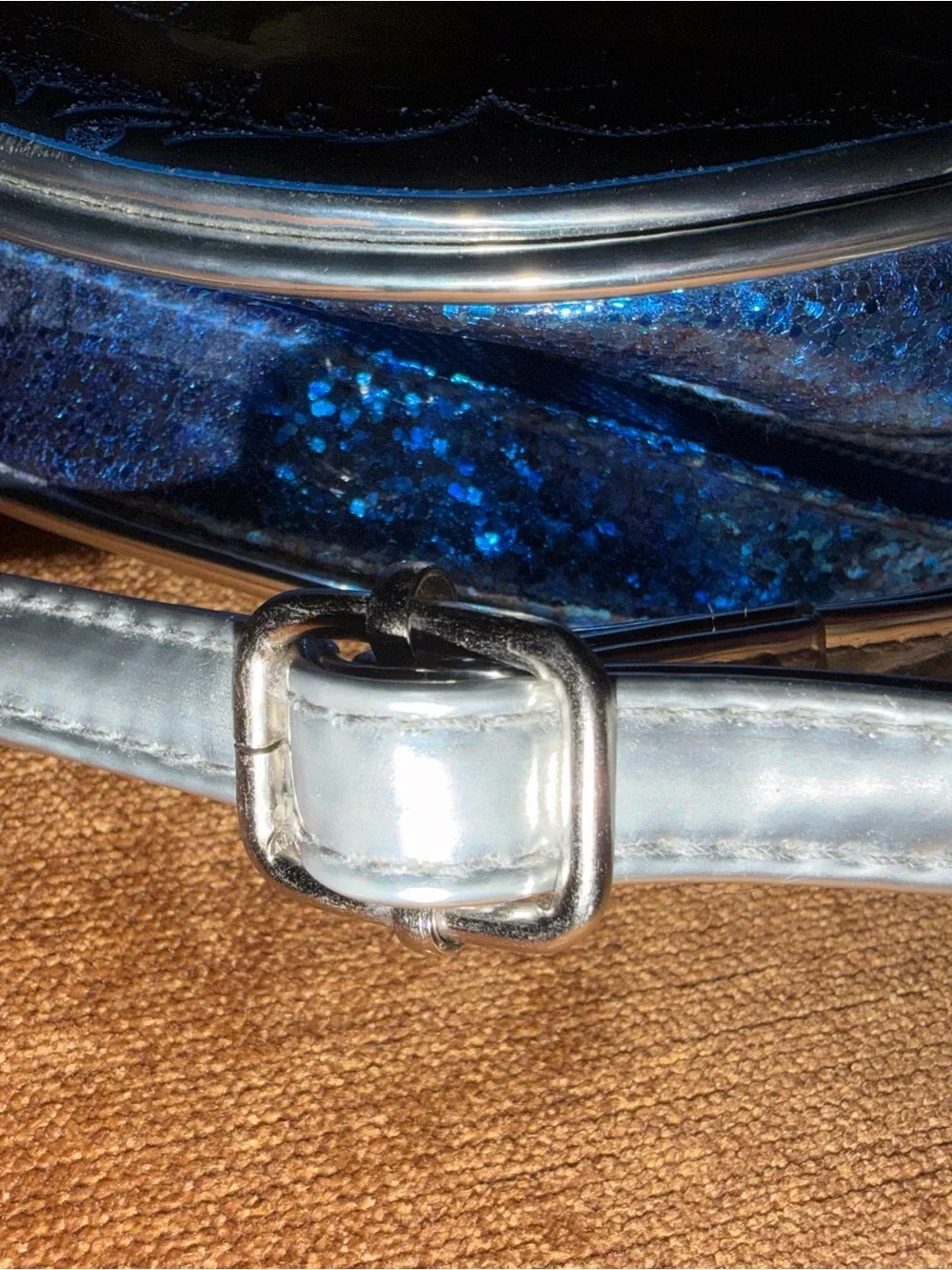 Disney Parks Silver Round Crossbody Bag with Blue Clock Motif